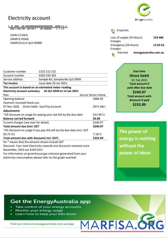 Blank Australia Energy proof of address utility download for verification